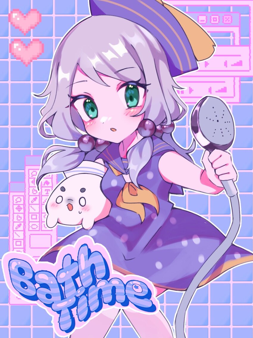 1girl :o blue_background blush chibi commentary dress english_text green_eyes grey_hair hair_bobbles hair_ornament hat heart highres hirose_yasuho holding holding_shower_head jojo_no_kimyou_na_bouken jojolion long_hair looking_at_viewer neckerchief official_alternate_costume open_mouth pixel_heart polka_dot polka_dot_dress purple_dress purple_hat purple_sailor_collar rairack777 sailor sailor_collar sailor_dress sailor_hat shower_head solo symbol-only_commentary twintails yellow_neckerchief