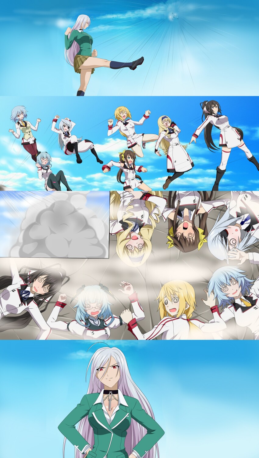 4koma 6+girls @_@ absurdres action ahoge akashiya_moka ass black_hair blonde_hair blue_hair breasts brown_hair cecilia_alcott charlotte_dunois comic crossover defeat deviantart_username eyepatch fighting_stance grey_hair hands_on_own_hips highres huang_lingyin infinite_stratos infinite_stratos_academy_school_uniform inner_moka kicking large_breasts laura_bodewig leg_up legs light_blue_hair long_hair lying medium_breasts miniskirt multiple_girls on_back on_floor on_stomach paneled_background panels panties pantyshot parody red_eyes rosario+vampire sarashiki_kanzashi sarashiki_tatenashi school_uniform shinonono_houki skirt smile smoke socks thighhighs thighs twintails unconscious underwear vampire very_long_hair watermark web_address