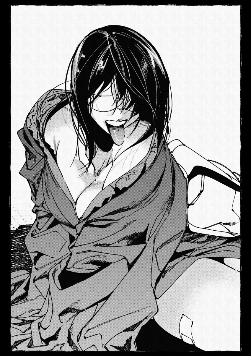 1girl bandaid_on_thigh black_border border bottomless breasts cleavage greyscale hachinuki_tetsuyo hair_over_one_eye highres jacket jimiko jitome looking_at_viewer medium_hair messy_hair mob_face moire monochrome naked_jacket open_clothes open_jacket original round_eyewear she_(hachinuki_tetsuyo) solo tongue tongue_out