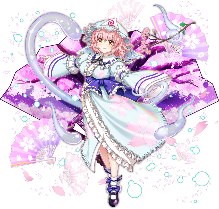 1girl black_shoes blue_hat blue_kimono branch breasts cherry_blossom_print closed_mouth floral_print folding_fan frilled_kimono frills full_body game_cg hand_fan hat highres hitodama japanese_clothes kimono long_sleeves looking_at_viewer medium_hair mob_cap official_art orange_eyes perfect_cherry_blossom petal_print pink_hair print_kimono rotte_(1109) saigyou_ayakashi saigyouji_yuyuko sash shoes sleeve_garter smile socks solo third-party_source touhou touhou_lostword transparent_background tree triangular_headpiece white_socks wide_sleeves