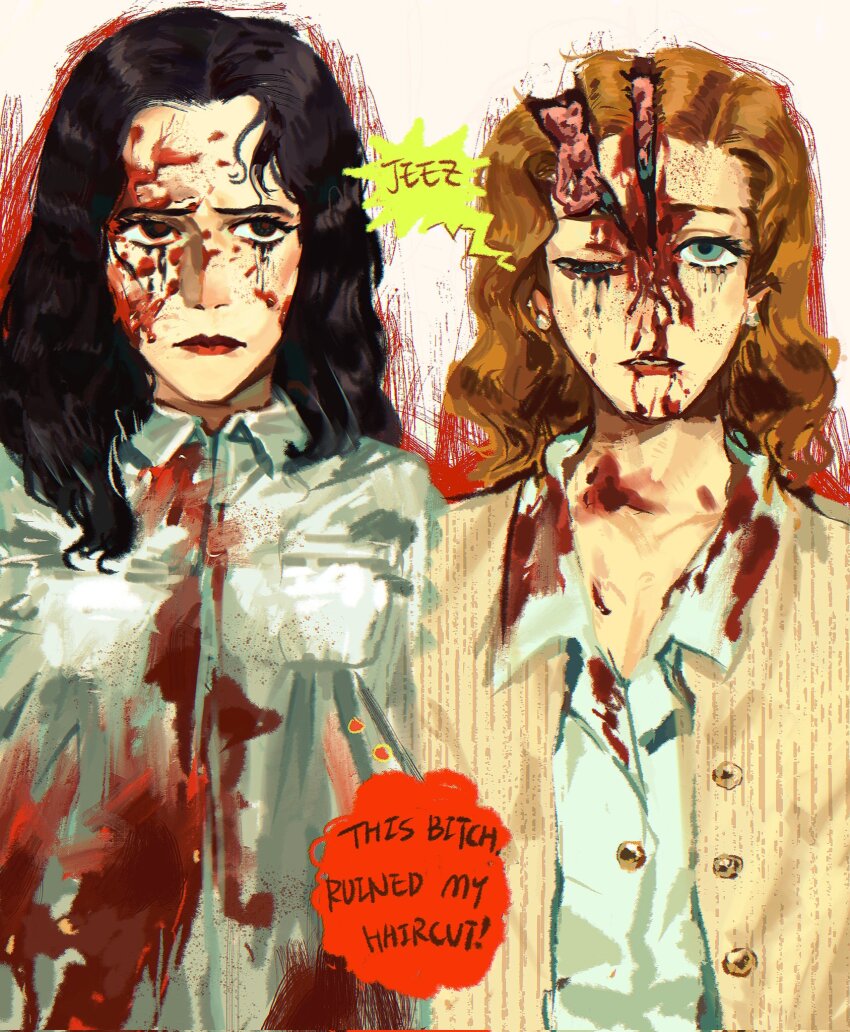 2girls american_psycho black_eyes black_hair blood blood_from_mouth blood_on_clothes blood_on_face blood_splatter blue_eyes brain breast_pocket breasts brown_hair cleavage collarbone collared_shirt colored_speech_bubble commentary curtained_hair earrings english_commentary english_text exposed_brain genderswap genderswap_(mtf) guro hair_over_shoulder hair_slicked_back highres injury jacket jewelry light_frown looking_to_the_side looking_up makeup medium_hair multiple_girls nadamxd_0o0 open_clothes open_jacket outline parted_hair parted_lips partially_unbuttoned patrick_bateman paul_allen_(american_psycho) pocket raised_inner_eyebrows red_lips red_outline red_pupils runny_makeup see-through_clothes see-through_jacket shirt speech_bubble spoilers straight-on thought_bubble uneven_eyes upper_body wavy_hair white_background white_shirt yellow_jacket