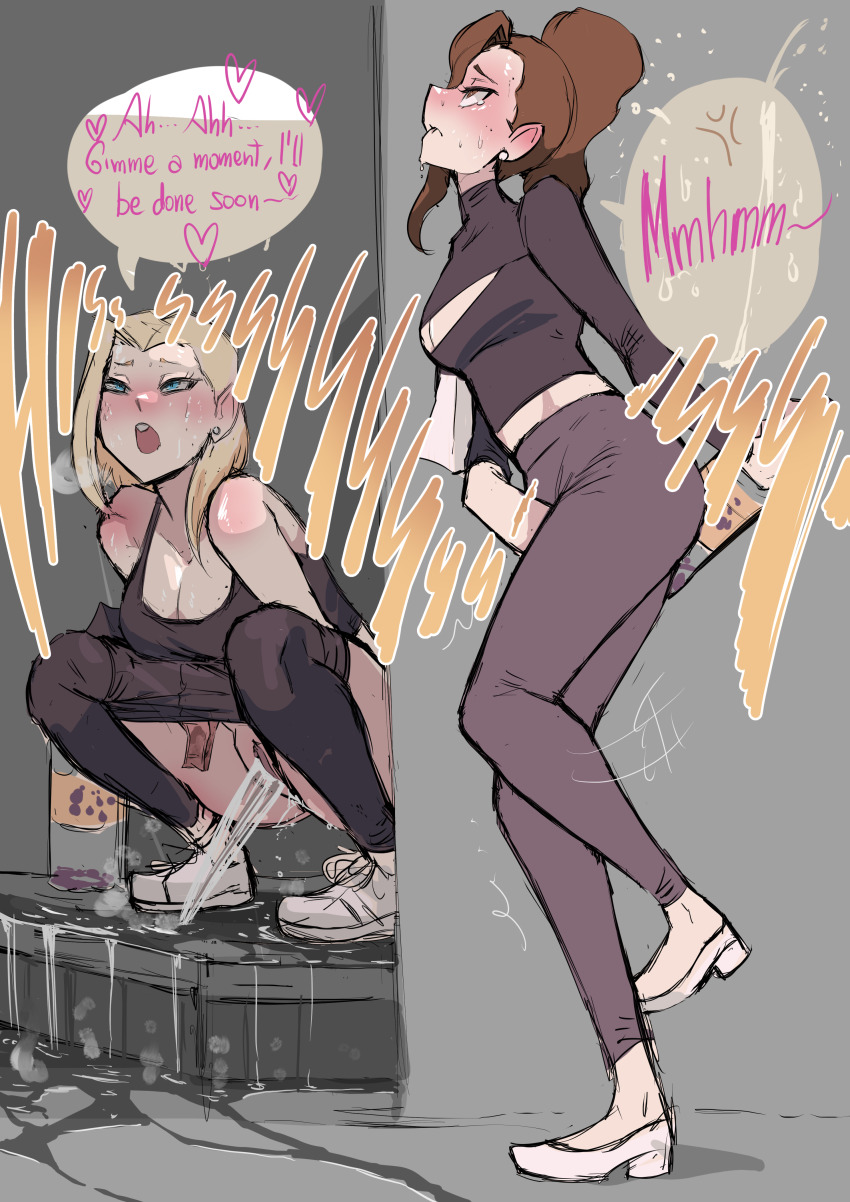 2girls absurdres alley biku biting_own_lip black_pants black_shirt bladder blonde_hair blue_eyes blush bottle breasts breath brown_hair cleavage cleavage_cutout clothes_pull clothing_cutout collarbone crotch_grab earrings have_to_pee heart high_heels highres holding holding_bottle jewelry large_breasts long_hair looking_up medium_breasts multiple_girls open_mouth original panties pants pants_pull peeing pink_panties ponytail puddle pussy relief shirt shoes sneakers speech_bubble spoken_heart squatting standing steam sweat tank_top tears teeth uncensored underwear urine_meter wet wet_clothes wet_panties white_footwear