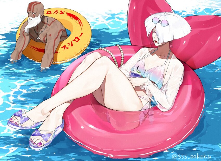 1boy 1girl a.k.i._(street_fighter) beard bikini crossed_legs dark-skinned_male dark_skin dhalsim earrings eyewear_on_head facial_hair feet inflatable_toy jewelry ocean pink_eyes red_lips sandals see-through_clothes short_hair sss_ookoku street_fighter street_fighter_6 sunglasses swimsuit tattoo toes white_hair
