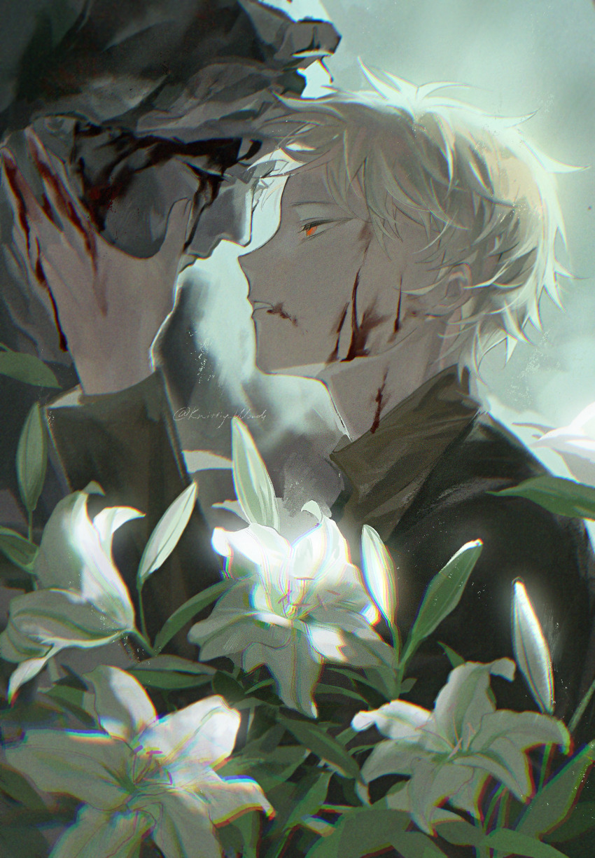 1boy atou_haruki black_jacket blonde_hair blood blood_on_face blood_on_hands blood_on_neck brown_sweater chinese_commentary chromatic_aberration commentary_request film_grain flower from_side highres jacket light_particles lily_(flower) long_sleeves male_focus open_clothes open_jacket red_eyes saibou_shinkyoku short_hair solo sweater turtleneck turtleneck_sweater white_flower zhiyanpianyu55126