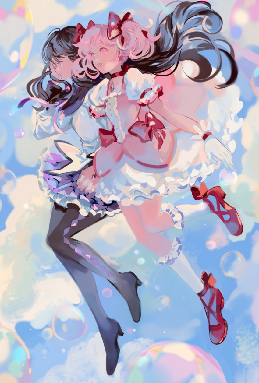 2girls abstract_background akemi_homura akemi_homura_(magical_girl) black_hair full_body highres kaname_madoka kaname_madoka_(magical_girl) long_hair magical_girl mahou_shoujo_madoka_magica multiple_girls pink_hair pink_skirt purple_eyes purple_skirt short_twintails skirt twintails wttwj