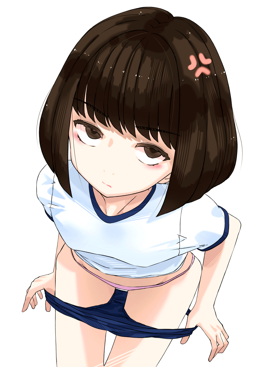 1girl :| absurdres anger_vein annoyed bags_under_eyes bent_over blue_buruma blue_shirt blunt_ends bob_cut breasts brown_eyes brown_hair buruma buruma_pull closed_mouth clothes_pull commentary cowboy_shot deadpan multiple_expressions gym_shirt gym_uniform highres leaning_forward looking_at_viewer loose_hair_strand midriff original panties pink_panties pulling_own_clothes sattinittas shirt short_hair short_sleeves simple_background small_breasts solo standing t-shirt thigh_gap thumb_in_beltline two-tone_shirt underwear undressing upturned_eyes white_background white_shirt