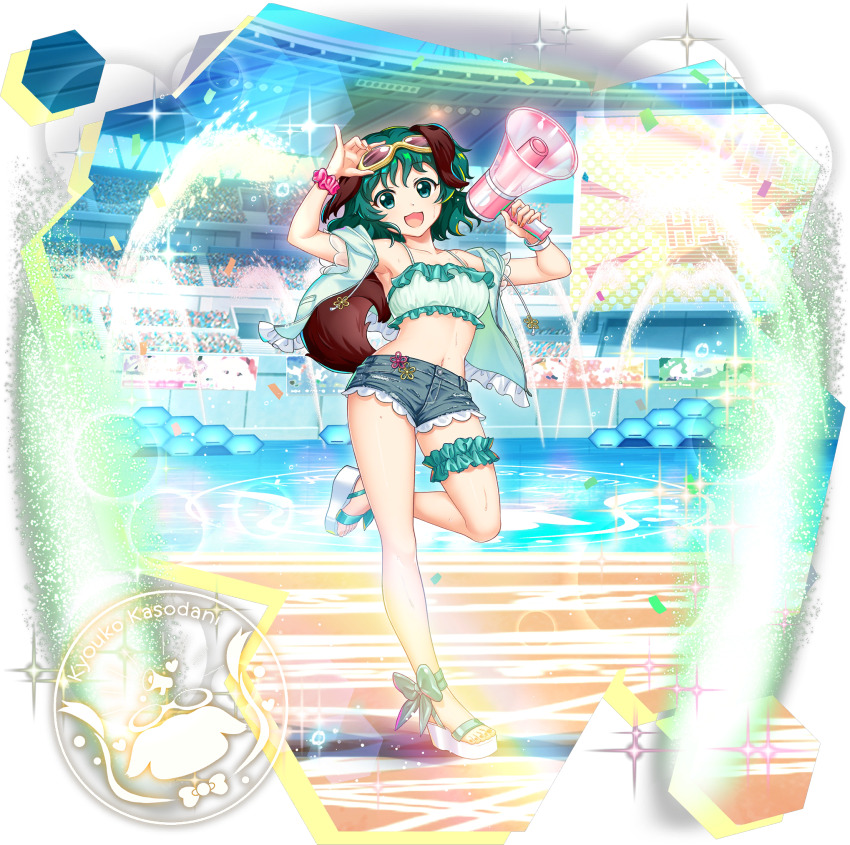 1girl adjusting_eyewear alternate_costume animal_ears armpits blue_shorts character_name confetti dog_ears dog_girl dog_tail eyewear_on_head frilled_thigh_strap game_cg green_eyes green_hair hand_on_eyewear highres holding holding_megaphone kasodani_kyouko leg_up legs looking_at_viewer megaphone navel official_art open_mouth outdoors rotte_(1109) scrunchie shorts smile solo sparkle stadium standing standing_on_one_leg stomach swimsuit tail thigh_strap third-party_source touhou touhou_lostword transparent_background wrist_scrunchie