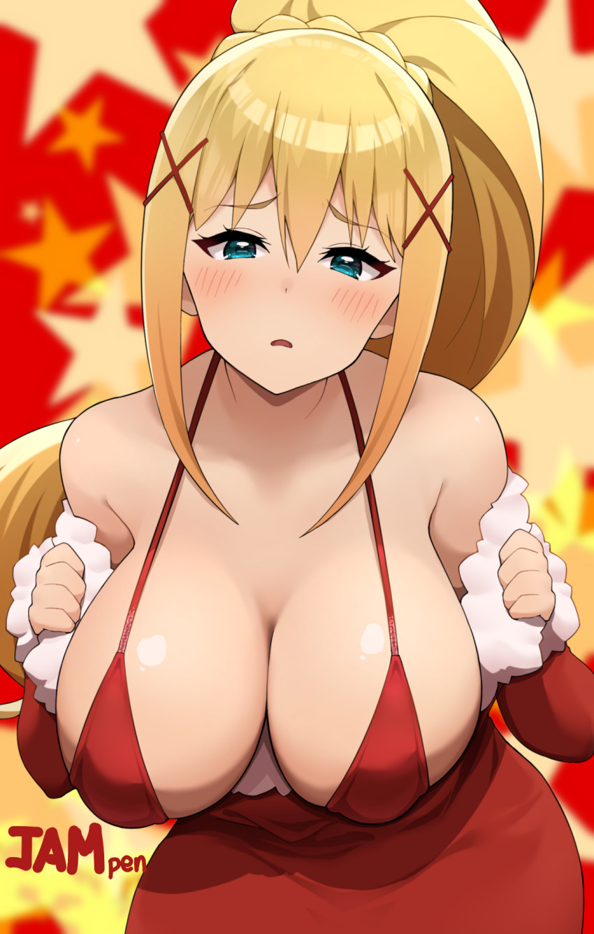 1girl blonde_hair blue_eyes blurry blurry_background blush breasts cleavage collarbone darkness_(konosuba) detached_sleeves dress embarrassed hair_between_eyes hair_ornament highres huge_breasts jampen kono_subarashii_sekai_ni_shukufuku_wo! long_hair looking_at_viewer open_mouth ponytail red_dress sidelocks solo star_(symbol) x_hair_ornament