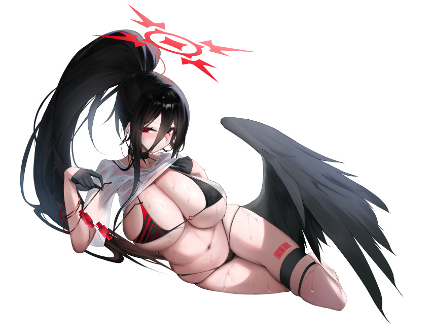 1girl absurdres bikini black_bikini black_choker black_gloves black_hair black_wings blue_archive blush breasts choker clothes_lift earrings feathered_wings full_body gloves half_gloves halo hasumi_(blue_archive) high_ponytail highres jewelry large_breasts lifting_own_clothes long_hair looking_at_viewer lying mole mole_under_eye navel on_side ponytail red_eyes red_halo shirt shirt_lift simple_background skindentation solo swimsuit thigh_strap thighs very_long_hair wet white_background white_shirt wings yuki_(yuki_yu_owo)