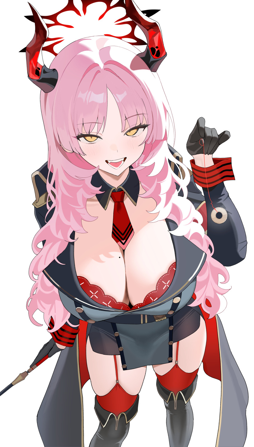 1girl absurdres black_coat black_gloves black_horns blue_archive bra bra_peek breasts cleavage coat coin coin_on_string commentary demon_horns gloves halo highres holding holding_pendulum holed_coin horns huge_breasts long_hair long_sleeves looking_at_viewer mole mole_on_breast multicolored_horns n3ow necktie open_mouth parted_bangs pendulum pink_hair red_bra red_garter_straps red_halo red_horns red_necktie red_thighhighs red_wrist_cuffs revision satsuki_(blue_archive) short_necktie simple_background solo thighhighs thighs two-tone_horns underwear very_long_hair white_background wrist_cuffs yellow_eyes