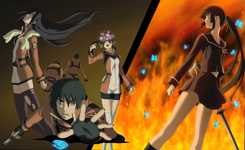 3boy 3girls absurdres black_hair brown_hair ga-rei ga-rei_zero gun hair_bun hair_ribbon handgun highres isayama_yomi izumi_mami kasuga_natsuki katana long_hair medium_hair military military_uniform multiple_girls official_art ponytail ribbon school_uniform sword weapon yellow_ribbon
