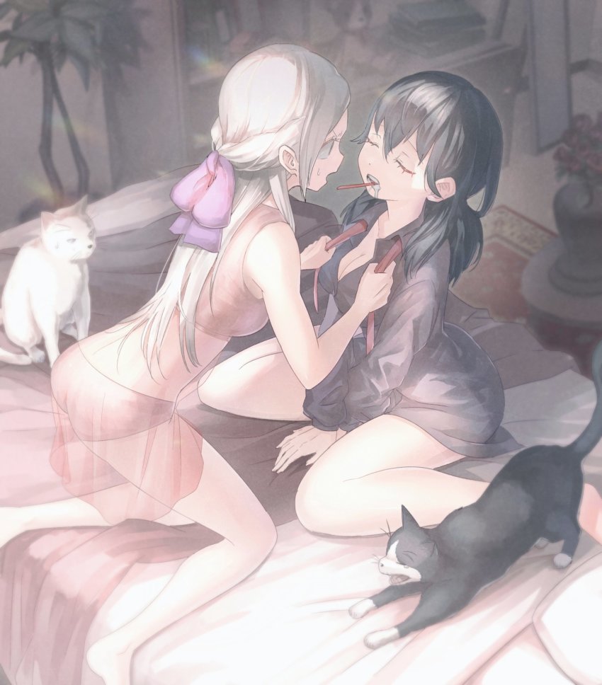 2girls ass bed blonde_hair blue_eyes blue_hair blush breasts female_byleth_(fire_emblem) camisole edelgard_von_hresvelg fire_emblem fire_emblem:_three_houses hair_ornament hair_ribbon highres korokoro_daigorou large_breasts long_hair medium_hair multiple_girls nintendo open_mouth purple_eyes ribbon shirt short_hair smile toothbrush underwear white_hair yuri