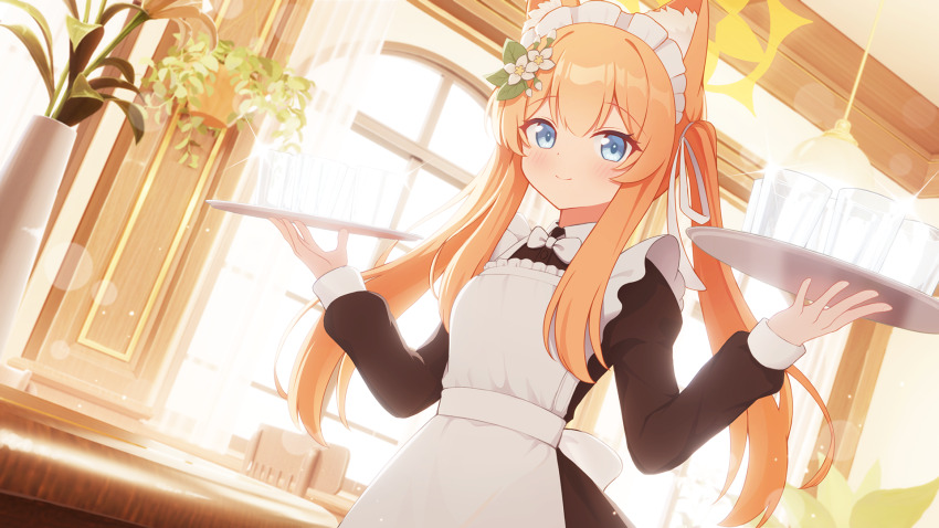 1girl alternate_costume animal_ear_fluff animal_ears apron black_dress blue_archive blue_eyes blush bow bowtie cat_ears cowboy_shot day dress dutch_angle enmaided flower frilled_apron frills hair_flower hair_ornament hair_ribbon halo highres holding holding_tray indoors lens_flare long_hair long_sleeves looking_at_viewer maid maid_apron maid_headdress mari_(blue_archive) orange_hair plant potted_plant ribbon sidelocks solo sunlight tray white_apron white_bow white_bowtie white_flower white_ribbon window yellow_halo yuma_(lyq_yume)