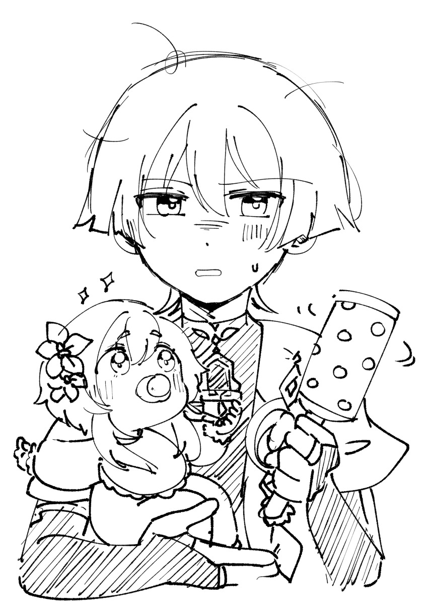 1boy 1girl absurdres aged_down baby baby_carry bib blunt_ends bodysuit bridal_gauntlets carrying carrying_person clenched_hand facing_viewer feathers flower genshin_impact hair_between_eyes hair_flower hair_ornament highres holding carrying_baby holding_rattle japanese_clothes kimono long_sleeves looking_at_viewer loose_hair_strand lumine_(genshin_impact) mandarin_collar middle_ring monochrome nonameoekaki onesie open_clothes open_kimono pacifier parted_lips pom_pom_(clothes) rattle scaramouche_(genshin_impact) short_hair short_hair_with_long_locks short_sleeves sidelocks sweatdrop vision_(genshin_impact) wanderer_(genshin_impact)