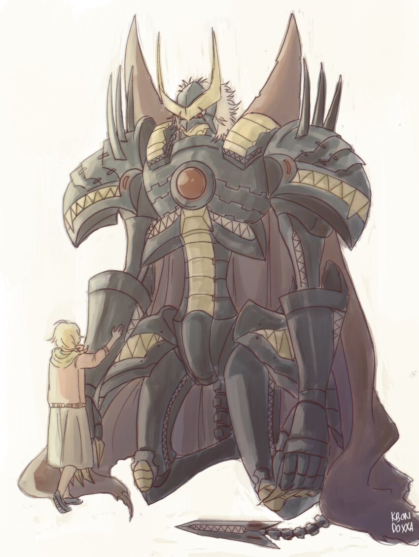 2girls armor black_armor black_helmet blonde_hair cape digimon digimon_(creature) digimon_survive extra_mouth grey_hair helmet highres hood hooded_jacket jacket kari_(kbondoxxa) kimishima_saki kneeling long_skirt multiple_girls pink_jacket plutomon red_cape short_hair simple_background skirt white_background