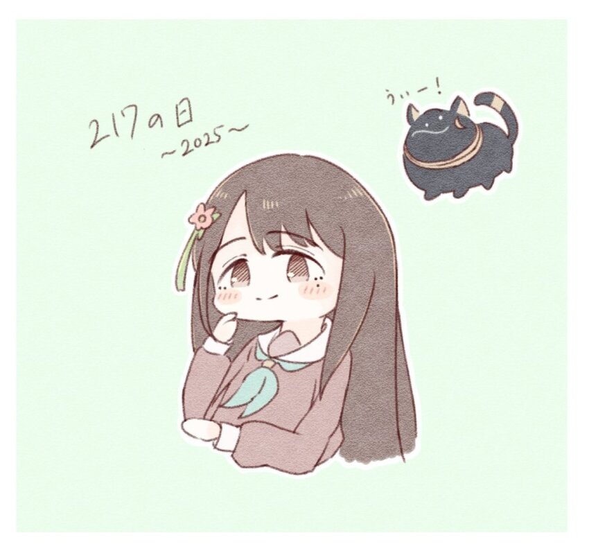 ._. 1girl 2025 217find! amano_tatsu animification aqua_neckerchief black_cat blush border brown_dress brown_eyes brown_hair cat child&#039;s_drawing closed_mouth cropped_torso date_pun doodle_inset dress flower green_background hair_flower hair_ornament hanamiya_nina hanamiya_nina_(style) hasu_no_sora_school_uniform link!_like!_love_live! long_hair long_sleeves looking_at_viewer love_live! mole mole_under_eye neckerchief number_pun outline real_life red_flower sailor_collar sailor_dress school_uniform simple_background smile solo split_mouth tassel tassel_hair_ornament voice_actor white_border white_outline white_sailor_collar winter_uniform