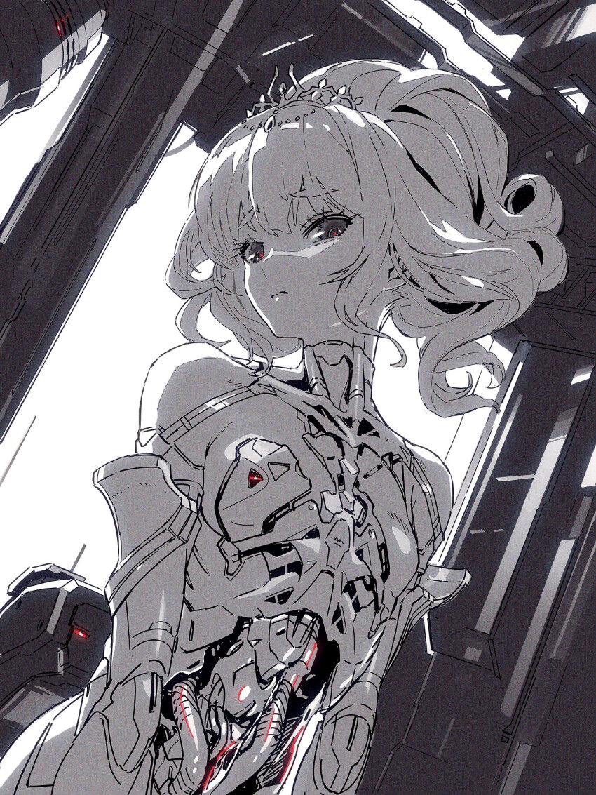 1girl android bare_shoulders breasts dutch_angle exposed_internal_machinery greyscale hair_up highres jnt joints looking_at_viewer mechabare monochrome original ribs robot_joints small_breasts solo spot_color tiara upper_body