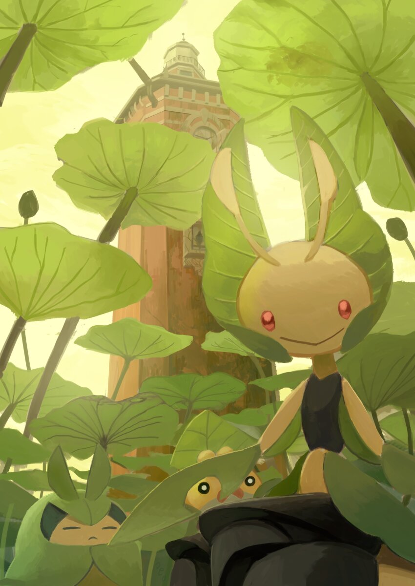 :&gt; absurdres closed_mouth commentary_request day evolutionary_line gen_5_pokemon highres king_joe_(neoroto) leavanny looking_at_viewer looking_down nintendo outdoors plant pokemon pokemon_(creature) red_eyes sewaddle sitting smile swadloon tower