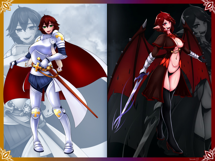 1girl absurdres armor before_and_after blood blush breasts cape chain cleavage cleavage_cutout clothing_cutout coat come_hither corruption dark_persona dual_persona fangs gauntlets green_eyes high_heels highres knight large_breasts looking_at_viewer low_wings monster_girl monster_girl_encyclopedia monsterification naughty_face no_bra open_clothes open_coat open_mouth red_eyes red_hair revealing_clothes scabbard sharp_teeth sheath short_hair shrasik slit_pupils smile smug sword teet teeth thong torn_wings transformation undead underboob underboob_cutout vampire vampire_(monster_girl_encyclopedia) warrior weapon wings