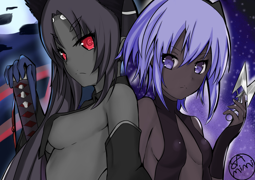 1girl 2girls absurdres black_hair black_skin blue_eyes blue_hair breasts bridal_gauntlets colored_skin dark-skinned_female dark_persona dark_skin fate/grand_order fate_(series) halterneck hassan_of_serenity_(fate) highres katana kunai long_hair medium_breasts multiple_girls red_eyes revealing_clothes samimitan sideboob strap_gap sword ushiwakamaru_(corrupted)_(fate) ushiwakamaru_(fate) weapon