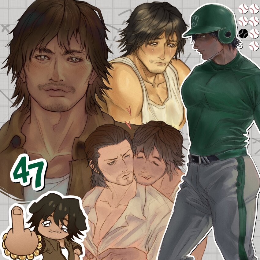 2boys bara baseball_uniform black_hair chibi closed_eyes collared_shirt crepa_k dojima_daigo facial_hair highres male_focus multiple_boys muscular muscular_male one_eye_closed ryuu_ga_gotoku_(series) ryuu_ga_gotoku_5 shinada_tatsuo shirt short_hair solo_focus sportswear tears white_shirt yaoi
