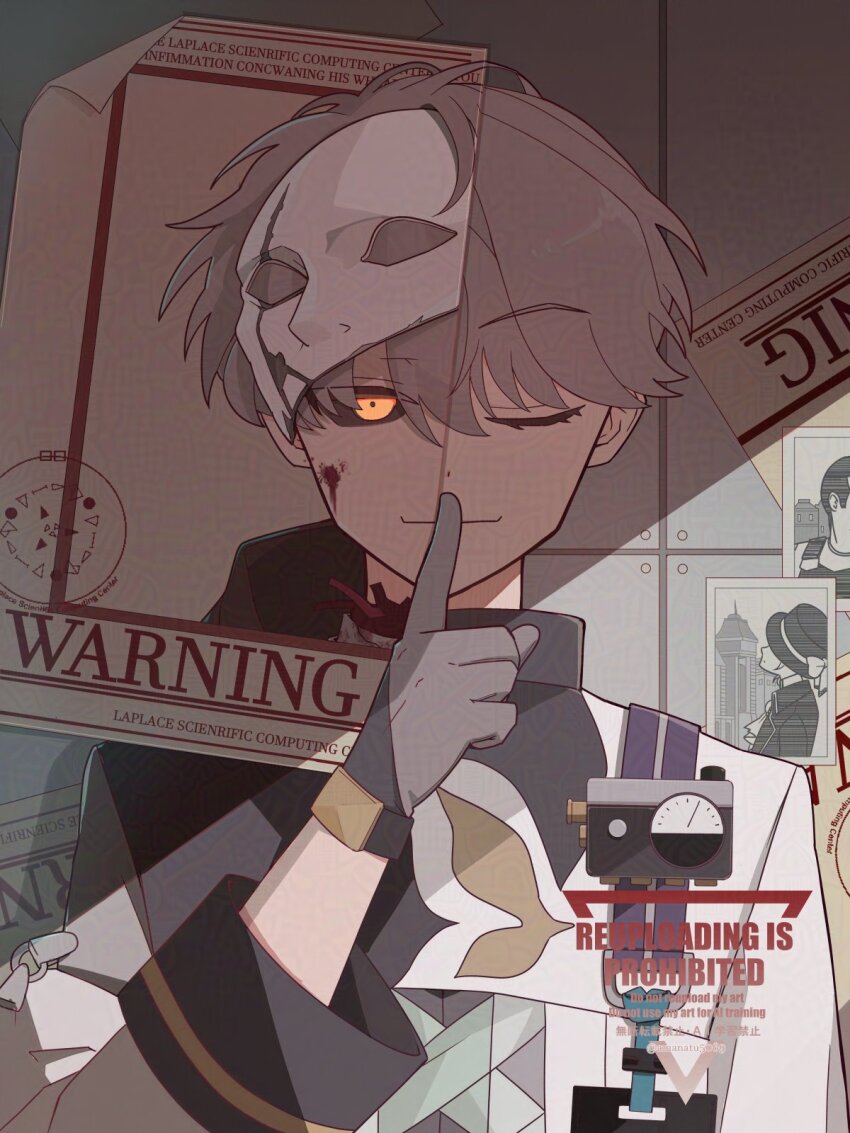 1boy ;) amanatsu_(amanatu5069) black_sclera blood blood_on_face coat colored_sclera finger_to_mouth gloves grey_gloves grey_hair hand_up highres id_card index_finger_raised looking_at_viewer male_focus mask mask_on_head official_alternate_costume one_eye_closed paper photo_(object) reverse:1999 shade short_hair sign smile solo upper_body vertin_(reverse:1999) warning_sign watermark white_coat x_(breathing_in_silence)_(reverse:1999) x_(reverse:1999) yellow_eyes