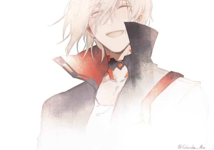 1boy :d ^_^ artist_name black_jacket bloom closed_eyes collarbone commentary cyborg english_commentary facial_mark facing_viewer floating_hair fulgur_ovid fulgur_ovid_(1st_costume) hair_between_eyes high_collar highres jacket male_focus nijisanji nijisanji_en open_clothes open_jacket open_mouth popped_collar portrait sakuraba_mu shirt short_hair simple_background smile solo twitter_username virtual_youtuber white_background white_hair white_shirt
