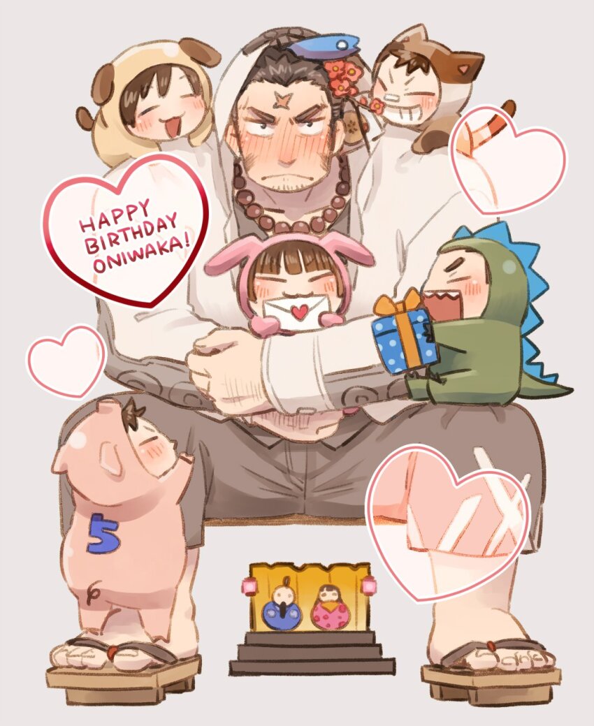 1girl 5boys :3 animal_costume bandaid bandaid_on_face bandaid_on_nose blush brown_hair cat_costume chibi closed_eyes closed_mouth collarbone dinosaur_costume dog_costume envelope gift grey_background grey_shorts grin happy_birthday highres holding holding_envelope holding_gift houzouin_oniwaka long_sideburns multiple_boys open_mouth pig_costume protagonist_1_(housamo) protagonist_2_(housamo) protagonist_3_(housamo) protagonist_4_(housamo) protagonist_5_(housamo) rabbit_costume sandals scar scar_on_face scar_on_forehead sharp_teeth shorts sideburns smile sumi_wo_hakuneko teeth toenails tokyo_houkago_summoners
