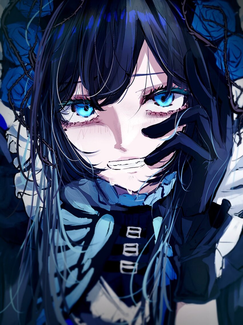 1girl ado_(utaite) aishite_aishite_aishite_(vocaloid) black_gloves blue_eyes blue_flower blue_hair blue_rose blush chando_(ado) clenched_teeth close-up commentary_request flower gloves hair_flower hair_ornament hand_on_own_cheek hand_on_own_face highres long_hair mole mole_under_eye open_mouth portrait rose sidelocks solo sweat tanake_(tanakei_ado) teeth thorns utaite