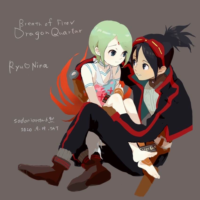 1boy 1girl barefoot breath_of_fire breath_of_fire_v closed_mouth dated dress facial_mark full-body_tattoo full_body green_hair highres jewelry nina_(breath_of_fire_v) oui_zen red_wings ryu_(breath_of_fire_v) short_hair simple_background tattoo white_dress wings