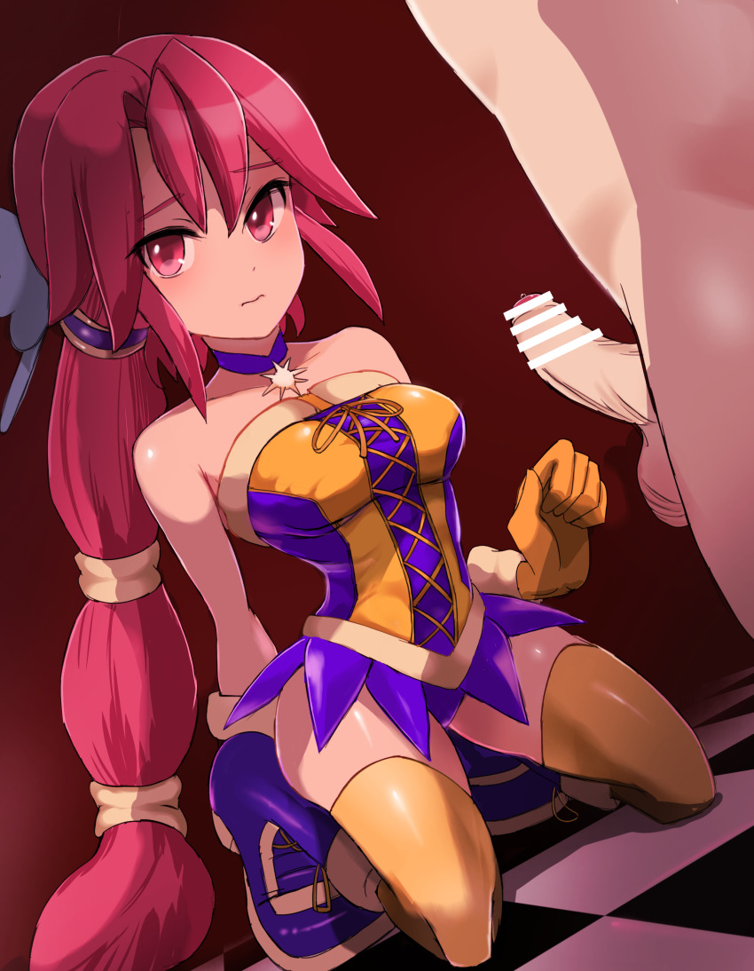 1girl absurdres breasts dark_chronicle dark_cloud dark_cloud_2 highres imminent_penetration large_breasts leotard looking_at_viewer monica_(dark_chronicle) penis pink_eyes pink_hair tagme