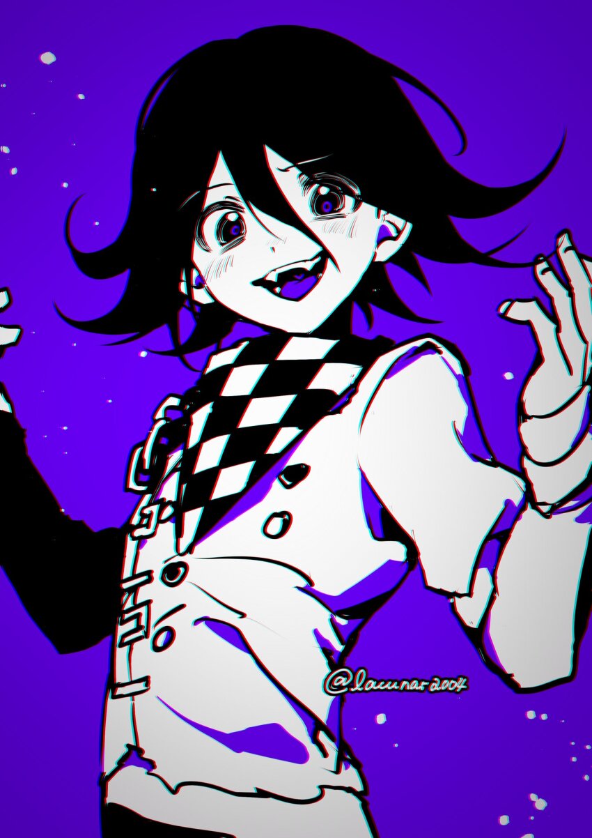 1boy arm_belt buttons chain checkered_clothes checkered_scarf chromatic_aberration colored_tongue commentary cowboy_shot danganronpa_(series) danganronpa_v3:_killing_harmony denim double-breasted fangs fingernails greyscale_with_colored_background hair_between_eyes hands_up highres jeans layered_sleeves liang_cun_rakuna light_particles long_sleeves looking_at_viewer male_focus oma_kokichi open_mouth pants purple_background purple_eyes purple_tongue scarf short_hair simple_background sleeves_past_wrists smile solo spot_color symbol-only_commentary teeth torn_clothes torn_jeans torn_pants
