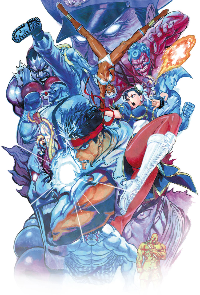 2girls 6+boys abs akuma_(street_fighter) anklet balrog_(street_fighter) barefoot bikini blue_eyes blue_hair blue_nails boots boxing_gloves breasts capcom charlie_nash china_dress chinese_clothes chun-li collage colored_skin cover cover_page dark_skin dhalsim dougi dress dudley e._honda elena_(street_fighter) evil_ryu eyebrows facial_hair fighting_stance fireball flower glowing glowing_eyes guile hadouken hakan handstand headband highres jewelry ken_masters kicking lace-up_boots large_breasts long_legs m._bison multiple_boys multiple_girls murata_yuusuke muscular mustache nail_polish necklace no_pupils official_art pantyhose red_skin rose ryu_(street_fighter) sagat shouryuuken sideburns skull skull_necklace solo_focus street_fighter street_fighter_the_novel suspenders swimsuit textless_version thick_eyebrows thighs toenail_polish toenails topless_male underboob uppercut upside-down very_dark_skin white_bikini