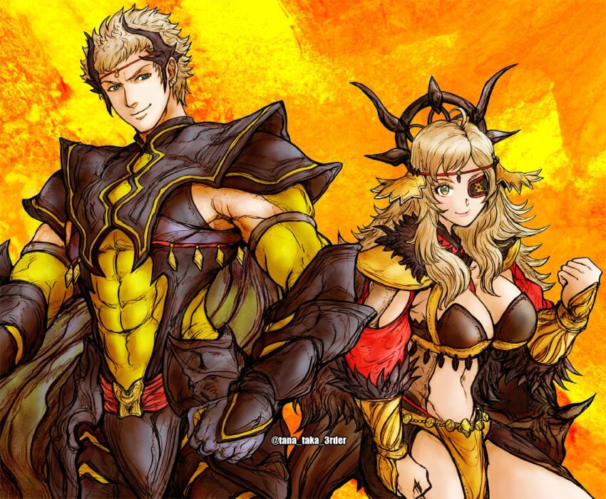 1boy 1girl abs ahoge armor blonde_hair blue_eyes bodystocking cape circlet commission cowboy_shot eyepatch fake_horns father_and_daughter fire_emblem fire_emblem_fates fire_emblem_heroes gloves hip_armor horns long_hair muscular nintendo odin_(fire_emblem) odin_(resplendent)_(fire_emblem) official_alternate_costume ophelia_(fire_emblem) ophelia_(starlit_maiden)_(fire_emblem) pelvic_curtain short_hair simple_background smile sorcerer_(fire_emblem_fates) tana_taka_3rder toned toned_female yellow_eyes