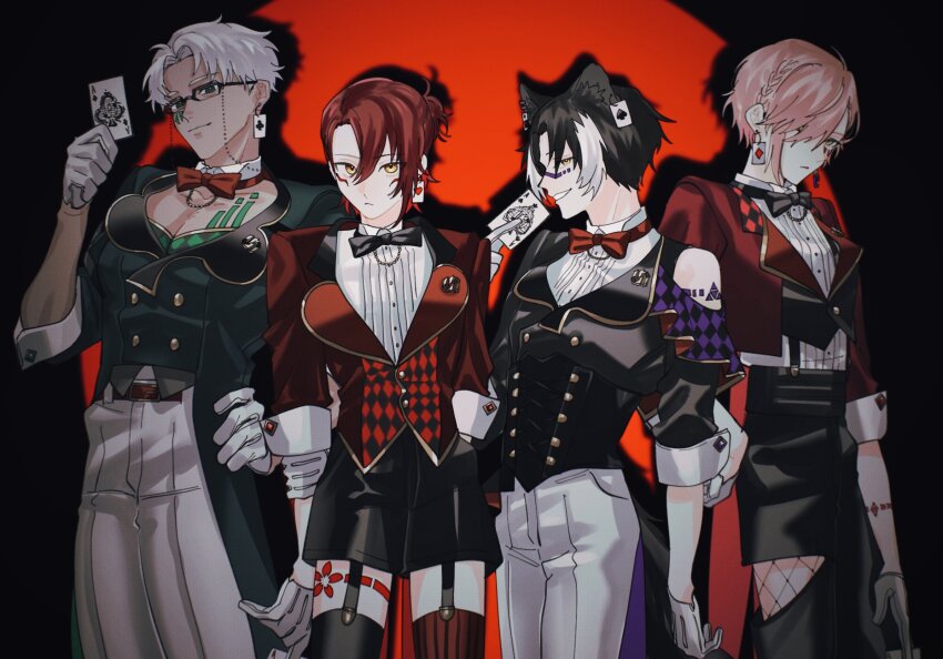 4boys :&lt; ace_(playing_card) ace_of_clubs ace_of_diamonds ace_of_hearts ace_of_spades alternate_costume animal_ears argyle_clothes arm_at_side arm_behind_back arm_tattoo arurandeisu asymmetrical_legwear belt belt_buckle black_bow black_bowtie black_corset black_footwear black_hair black_jacket black_pants black_shorts black_thighhighs black_vest bow bowtie braid buckle buttons card chain chain_earrings chest_tattoo closed_mouth clothing_cutout club_(shape) colored_lapels corset cowboy_shot cropped_jacket cropped_vest cross-laced_footwear curtained_hair detached_collar diamond_(shape) double-breasted ear_chain ear_piercing earrings expressionless eyewear_strap facial_mark fishnet_cutout fold-over_boots glasses gloves green_hair green_jacket grey_hair hair_between_eyes hair_over_one_eye half_gloves half_updo hanasaki_miyabi hand_on_own_hip hand_up heart high-waist_pants highres holding holding_card holostars jackal_boy jackal_ears jackal_tail jacket jewelry kageyama_shien lapel_pin lapels leg_cutout leg_tattoo looking_at_viewer male_focus mismatched_earrings mismatched_legwear momiage_40 multicolored_hair multiple_boys notched_lapels pants parted_bangs parted_lips pectoral_cleavage pectorals piercing pink_hair playing_card playing_card_earrings playing_card_theme profile red_background red_belt red_bow red_bowtie red_hair red_jacket red_thighhighs rikka_(holostars) shadow shirt short_hair shorts shoulder_cutout shoulder_tattoo side_braid side_part simple_background single_bare_shoulder sleeve_cuffs three-quarter_sleeves smile spade_(shape) spotlight standing striped_clothes striped_thighhighs tailcoat tattoo thighhighs traditional_bowtie tuxedo_shirt two-tone_hair unplan_(holostars) vertical-striped_clothes vertical-striped_thighhighs vest virtual_youtuber white_gloves white_hair white_pants white_shirt yellow_eyes