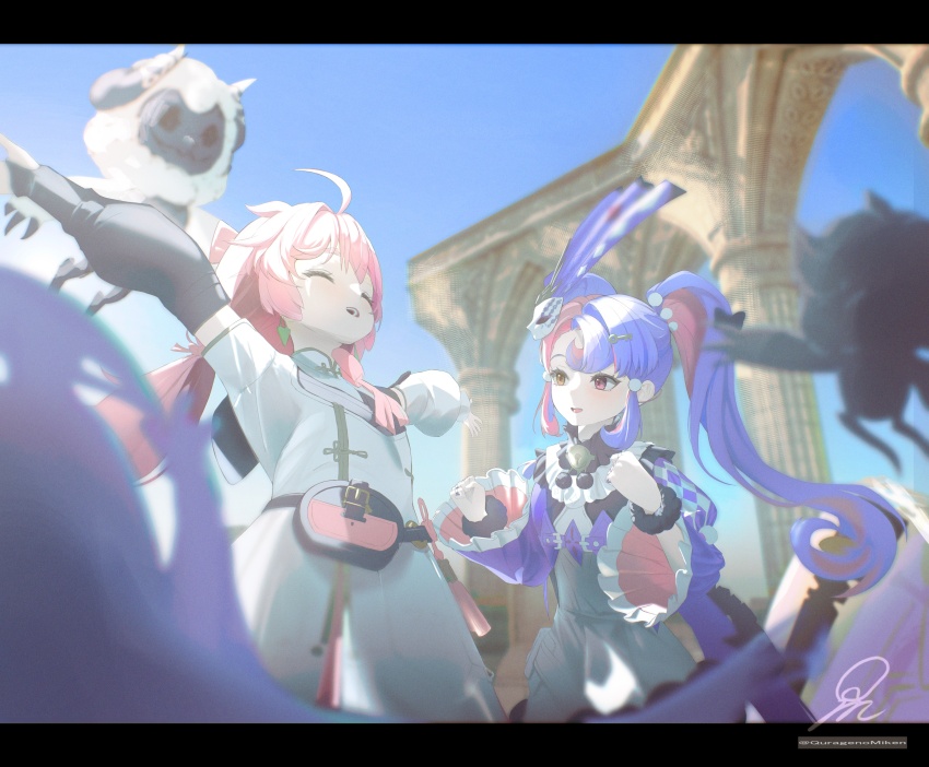 2girls absurdres black_collar blue_sky clenched_hands closed_eyes cloudy_(wuthering_waves) collar commentary cosmos_(wuthering_waves) day dress encore_(wuthering_waves) eye_mask hands_up heterochromia highres key_hair_ornament letterboxed long_hair looking_at_another mask mask_on_head multicolored_hair multiple_girls open_mouth outdoors outstretched_arms pero_(wuthering_waves) pink_eyes pink_hair purple_hair quragenomiken roccia_(wuthering_waves) signature sky smile two-tone_hair white_dress wuthering_waves yellow_eyes