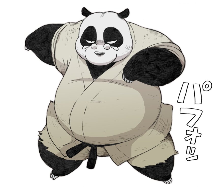 1boy animal_ears bara belly belt black_belt black_fur commentary_request dougi fat furry furry_male looking_at_viewer male_focus multicolored_fur panda_boy panda_ears pants plump ranma_1/2 round_eyewear saotome_genma_(panda) shirt translation_request wantaro white_background white_fur white_pants white_shirt