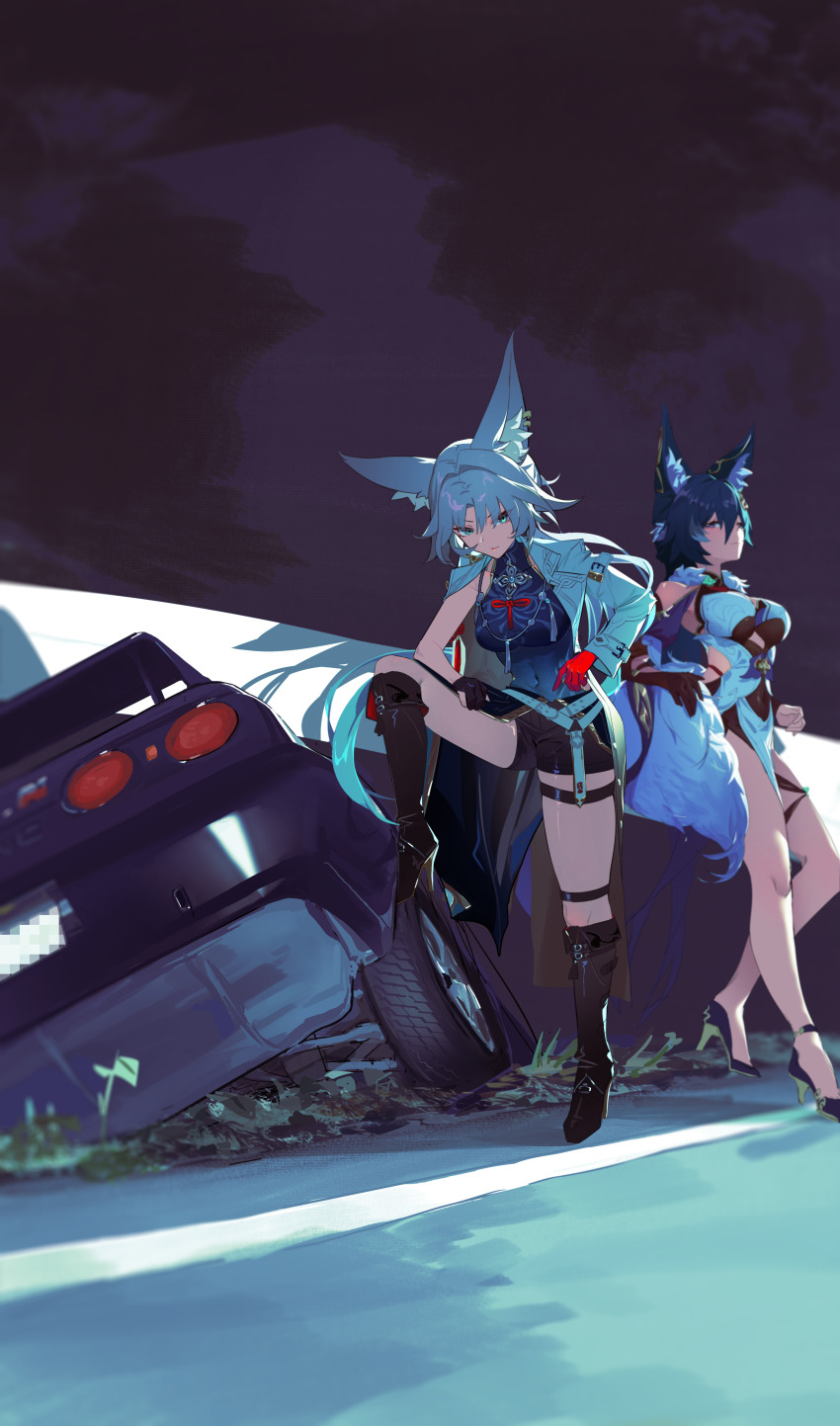2girls absurdres animal_ear_fluff animal_ear_piercing animal_ears asymmetrical_gloves bare_shoulders black_footwear black_gloves black_shorts blue_shirt boots breasts car car_crash chinese_clothes chinese_commentary closed_mouth clothing_cutout coat collared_coat commentary_request covered_navel dress feixiao_(honkai:_star_rail) fox_ears fox_girl fox_tail gloves green_eyes green_hair hair_between_eyes hand_on_own_tail high_heel_boots high_heels highres honkai:_star_rail honkai_(series) knee_boots large_breasts leg_up long_hair looking_at_viewer mismatched_gloves motor_vehicle multiple_girls night night_sky nissan nissan_skyline nissan_skyline_gt-r nissan_skyline_r32 outdoors parted_lips pumps purple_eyes raywallin red_gloves road shirt shorts sky sleeveless sleeveless_shirt tail thigh_strap underboob_cutout white_coat white_hair yukong_(honkai:_star_rail)