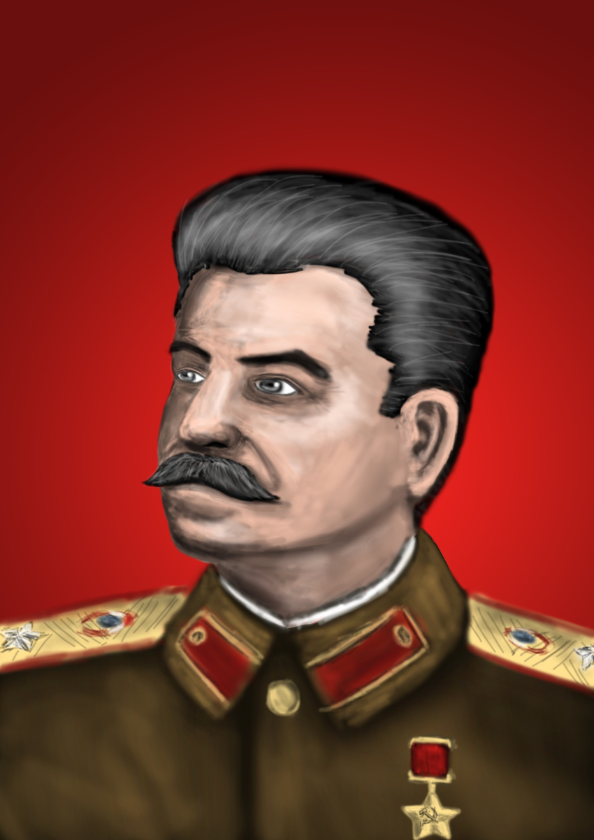 1boy absurdres black_eyes black_hair communism dictator facial_hair gradient_background hammer_and_sickle highres insignia joseph_stalin medal military military_uniform mustache red_background russia simple_background soviet thai_text thailand ussr
