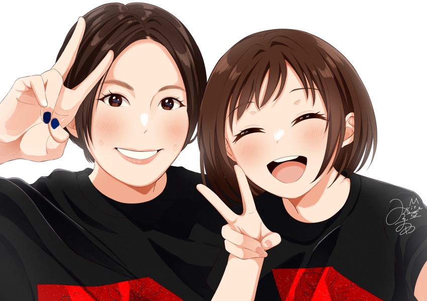 ^_^ bang_dream! black_shirt blue_nails blush brown_eyes closed_eyes elu_pom closed_eyes hair_behind_ear hazawa_tsugumi highres kanemoto_hisako looking_at_viewer nail_polish open_mouth parted_hair parted_lips real_life shirt short_hair signature smile t-shirt v voice_actor white_background