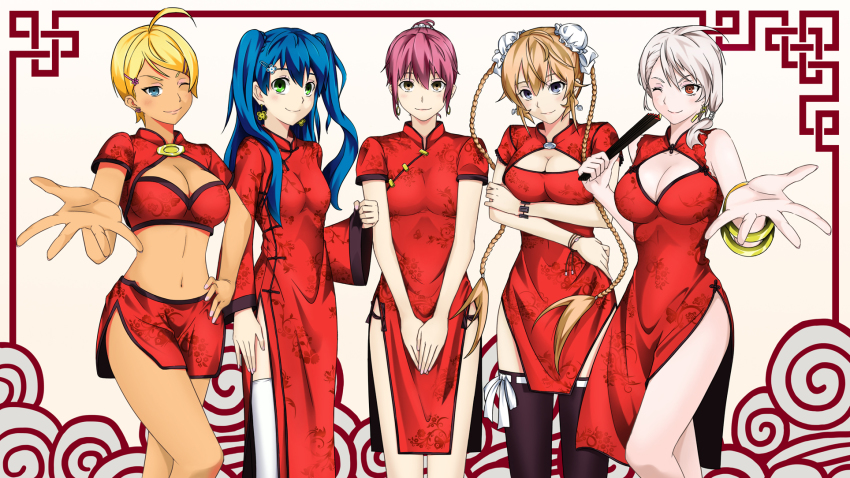 5girls alternate_costume alternate_hairstyle arato_hisako blonde_hair blue_eyes blue_hair bracelet braid breasts bun_cover china_dress chinese_clothes cleavage dark-skinned_female dark_skin double_bun dress female_focus green_eyes hair_bun hand_fan highleg highleg_dress highres holding holding_fan jewelry jump large_breasts looking_at_viewer magenta_eyes medium_breasts mito_ikumi multiple_girls nakiri_alice nakiri_erina navel one_eye_closed pink_hair purple_eyes red_dress shokugeki_no_souma silver_hair smile stomach tadokoro_megumi twin_braids wink