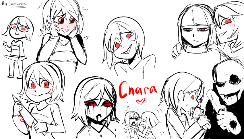 2girls black_eyes blush chara_(undertale) food frisk_(undertale) ice_cream knife lazuren monochrome multiple_girls red_eyes short_hair undertale w.d._gaster