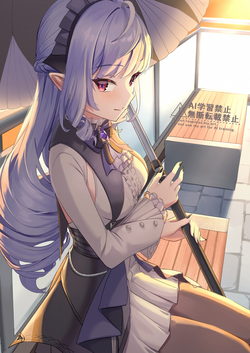 1girl absurdres armpit_cutout black_nails brown_pantyhose closed_mouth clothing_cutout cyclone_tarou frilled_sleeves frills grey_hair grey_shirt grey_skirt headdress highres holding holding_umbrella long_hair long_sleeves miniskirt nail_polish pantyhose pleated_skirt pointy_ears red_eyes shirt sitting skirt smile solo umbrella very_long_hair vivian_banshee watermark zenless_zone_zero