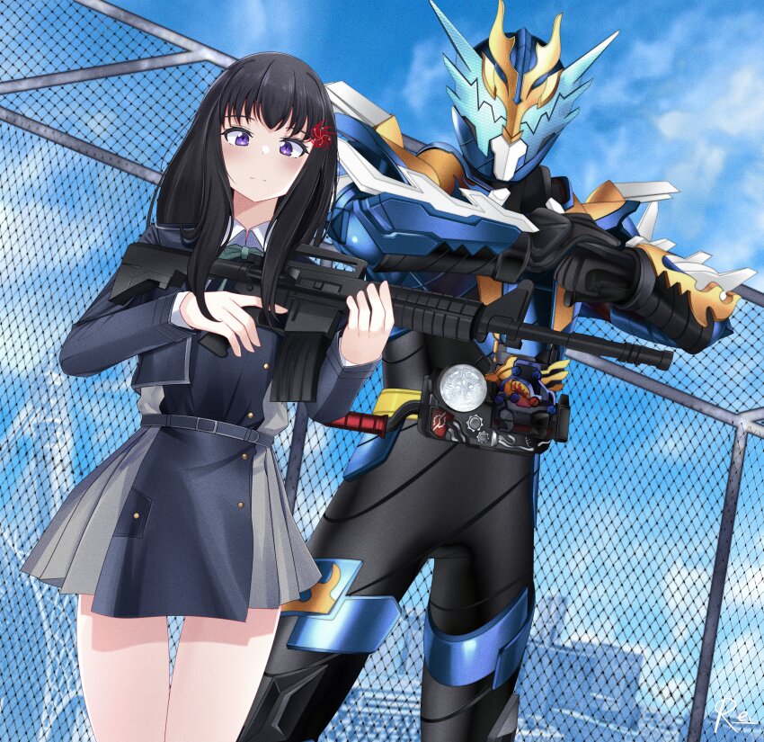 1boy 1girl absurdres aqua_ribbon armor assault_rifle belt black_hair black_socks blue_armor blue_belt blue_dress blue_eyes blue_sky bodysuit breasts brown_shoes build_driver chain-link_fence clenched_hand closed_mouth collared_shirt dragon dress fence fire flame_print full_body gloves glowing glowing_eyes grey_dress gun highres inoue_takina kamen_rider_cross-z kneehighs loafers long_hair long_sleeves looking_at_viewer lycoris_recoil lycoris_uniform neck_ribbon pleated_dress purple_eyes reiei_8 ribbon rider_belt rifle science_fiction shirt shoes shoulder_armor simple_background sky small_breasts socks solo standing tachi-e tokusatsu two-tone_dress weapon white_shirt