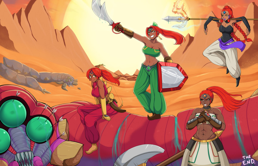 4girls abs absurdres afrobull arrow_(projectile) bare_shoulders blood blue_blood boots bow breasts cleavage_cutout clothing_cutout colored_blood dagger dark-skinned_female dark_skin desert fire floating gerudo gloves gold_gauntlets green_blood highres ice knife lance large_breasts levitation long_hair looking_at_viewer looking_away looking_to_the_side looking_up mirror_shield monster multicolored_blood multiple_girls muscular muscular_arms muscular_female nintendo pants polearm red_hair scimitar serious shield short_hair silver_gauntlets smile steam sun sword the_legend_of_zelda the_legend_of_zelda:_majora&#039;s_mask the_legend_of_zelda:_ocarina_of_time trident twinmold very_dark_skin water water_drop weapon yellow_eyes