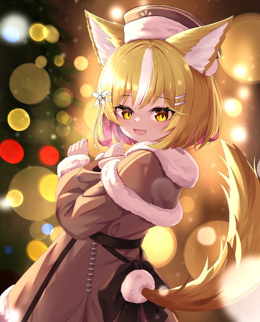 1girl absurdres alternate_costume alternate_hair_color alternate_hair_length alternate_hairstyle animal_ears blonde_hair blurry bokeh breasts brown_coat brown_hat chisaka_airi clothing_cutout coat colored_inner_hair commentary commission commissioner_upload depth_of_field english_commentary fang flower fur-trimmed_coat fur-trimmed_headwear fur_trim hair_flower hair_ornament hairclip hat highres large_breasts long_hair looking_at_viewer medium_hair multicolored_hair nekodama2000 open_mouth phase_connect second-party_source solo streaked_hair tail tail_through_clothes virtual_youtuber white_hair wolf_ears wolf_girl wolf_tail yellow_eyes