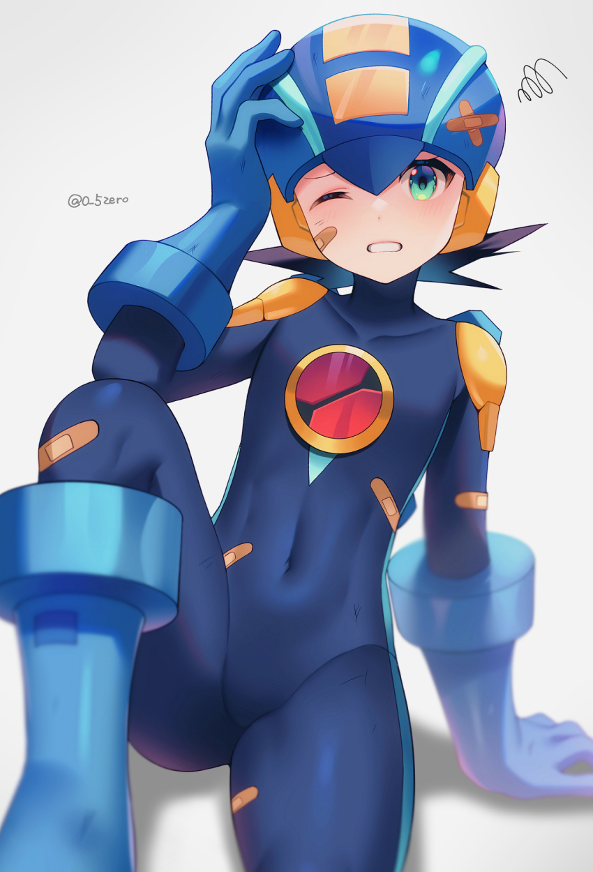 1boy arm_up bandaid bandaid_on_arm bandaid_on_cheek bandaid_on_face bandaid_on_leg bandaid_on_stomach bandaid_on_thigh blue_bodysuit blue_helmet blurry blush bodysuit brown_hair commentary_request covered_collarbone covered_navel crossed_bandaids depth_of_field green_eyes grey_background hand_on_own_head helmet highres knee_up looking_at_viewer male_focus mega_man_(series) mega_man_battle_network_(series) megaman.exe netnavi one_eye_closed shadow short_hair simple_background sitting solo spiked_hair squiggle twitter_username zero-go