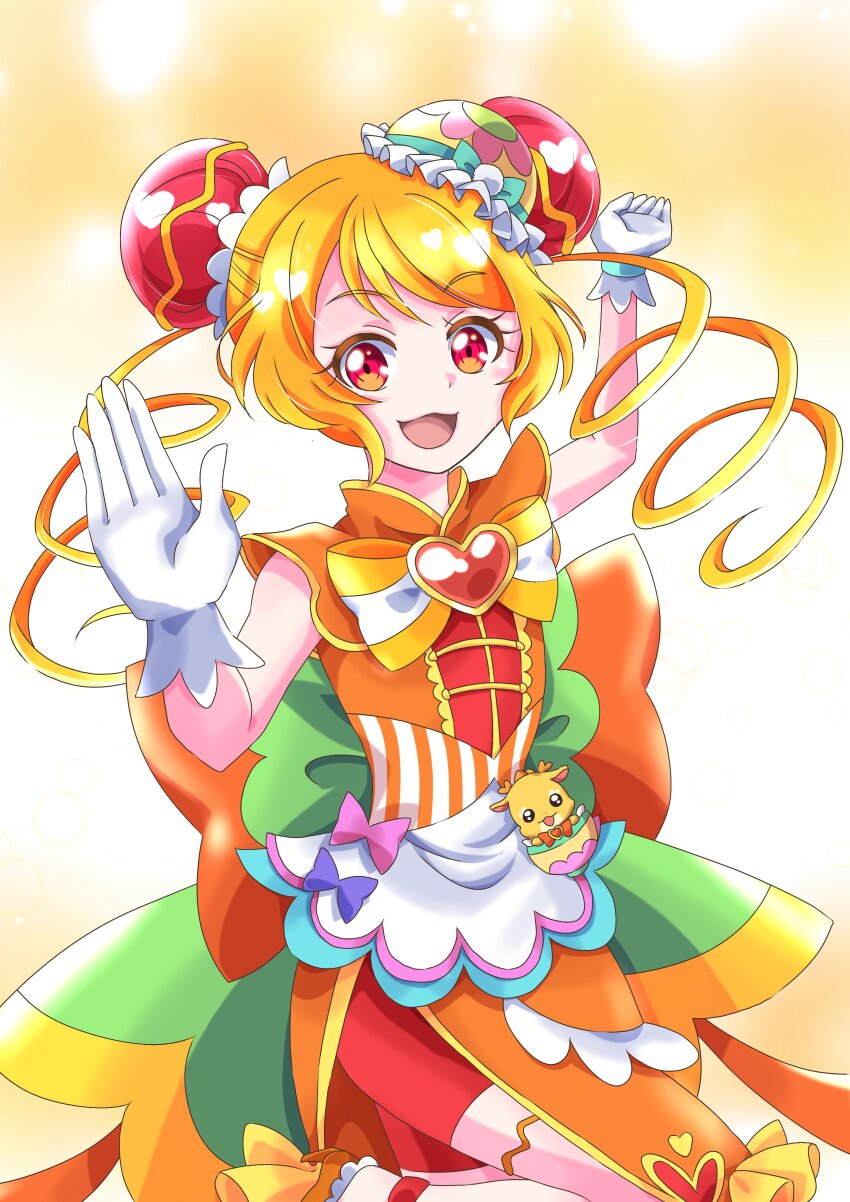 1girl bike_shorts blonde_hair blush bowtie brooch bun_cover cure_yum-yum delicious_party_precure dragon dress drill_hair fairy gloves hanamichi_ran heart heart_brooch high_heels hina12_ko20 magical_girl medium_hair mem-mem_(precure) open_mouth orange_bow orange_bowtie orange_dress orange_footwear precure red_eyes red_shorts shorts sleeveless sleeveless_dress smile solo white_gloves