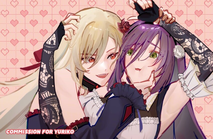 2girls :i armpits arms_up assault_lily bare_shoulders black_collar black_gloves black_hairband black_shirt blonde_hair blush breasts cheek_squash collar commentary commission commissioner_name detached_sleeves english_text fangs fingerless_gloves flower frilled_shirt frilled_sleeves frills gloves green_eyes hair_between_eyes hair_flower hair_ornament hairband hand_on_another&#039;s_chin hand_on_another&#039;s_head heads_together heart heart_background holding_another&#039;s_wrist jewelry juno_(junisgud) lace_sleeves long_bangs long_hair long_sleeves looking_at_another maki_wakana medium_breasts multiple_girls neck_ribbon okada_kisara parted_lips pink_background pixelated purple_hair purple_ribbon raised_eyebrows red_eyes red_flower red_ribbon red_rose ribbon ring rose shirt sleeveless sleeveless_shirt smile teeth upper_body upper_teeth_only white_flower white_rose white_shirt yuri