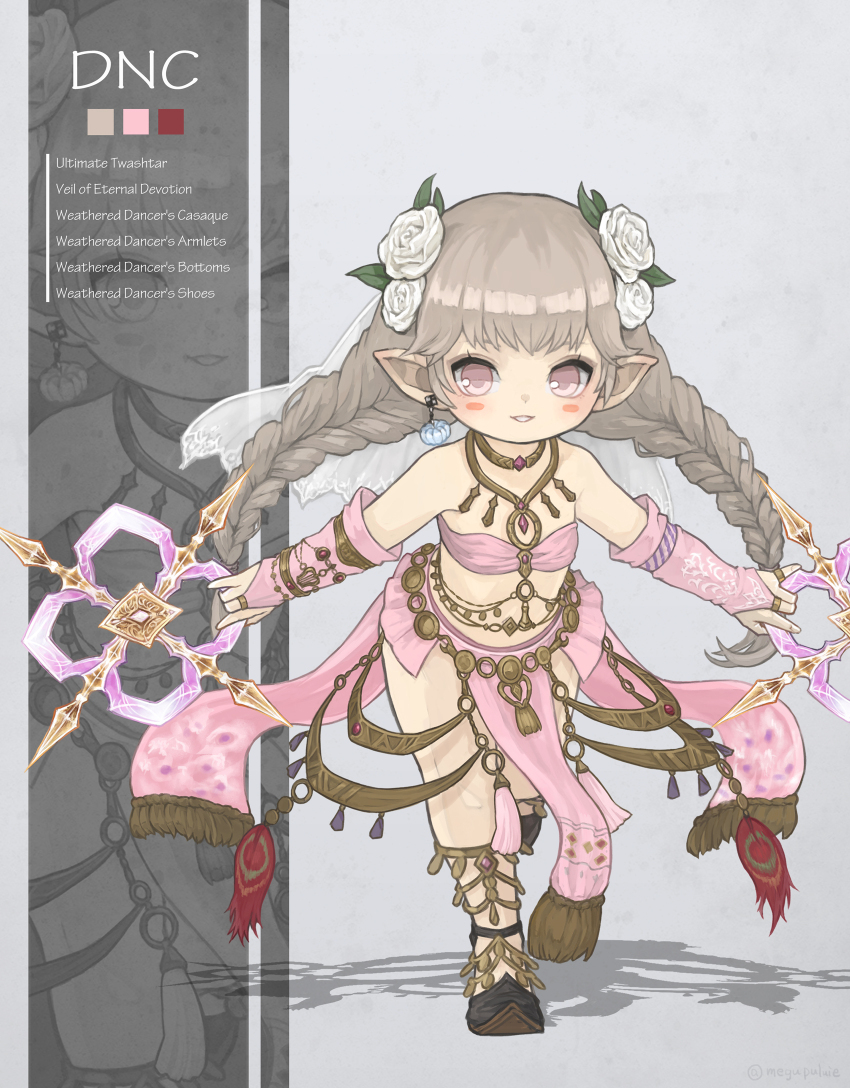 1girl black_footwear blush_stickers braid brown_hair chakram dancer dancer_(final_fantasy) detached_sleeves dual_wielding earrings english_text final_fantasy final_fantasy_xiv flat_chest flower full_body hair_flower hair_ornament highres holding holding_weapon jewelry lalafell leaning_forward looking_at_viewer multiple_views open_mouth pink_eyes pink_sleeves pointy_ears puluie ring shadow simple_background single_earring standing teeth twin_braids veil weapon white_flower